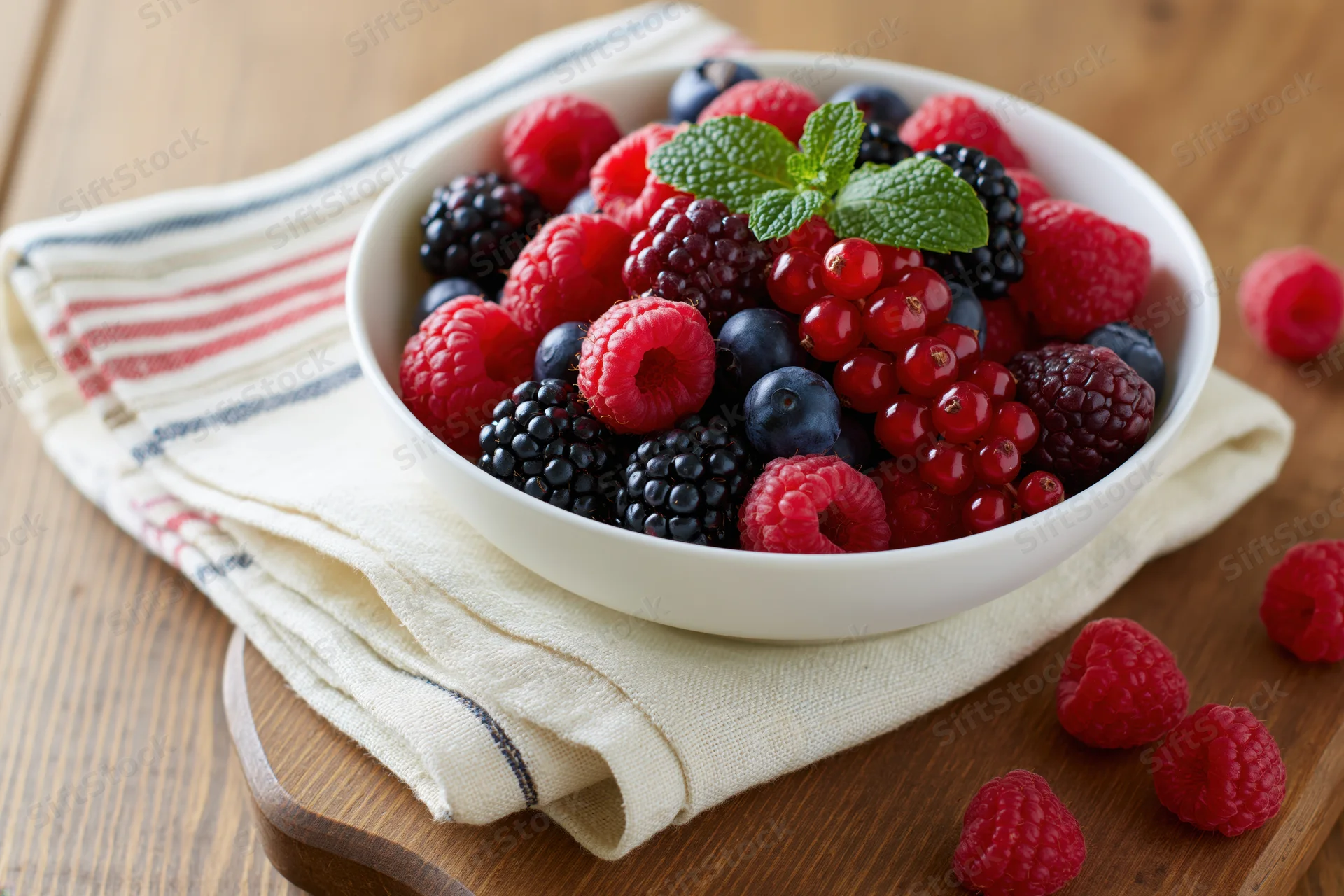 White ceramic bowl filled with mixed fresh berries on a striped cloth over wooden cutting board