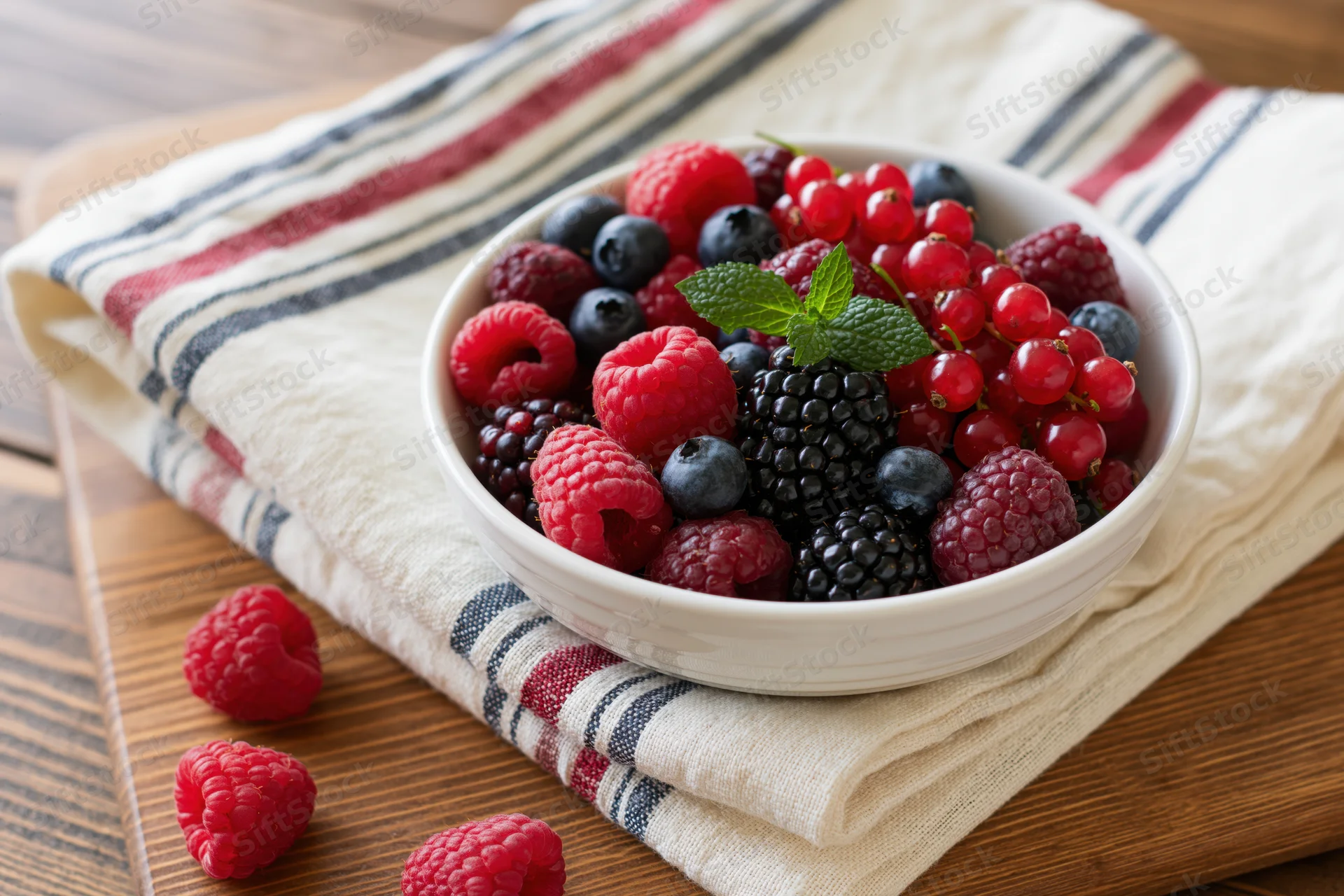 White ceramic bowl filled with mixed fresh berries on striped napkin over wooden table