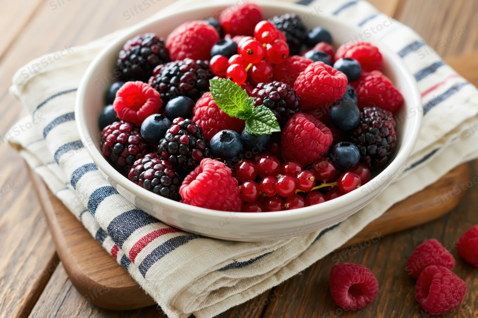 White ceramic bowl filled with mixed fresh berries on striped napkin over wooden tray
