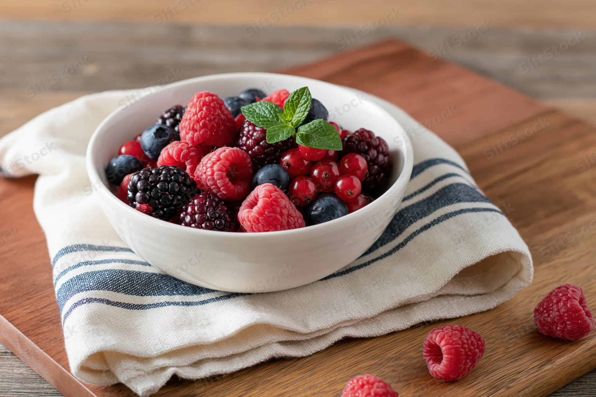 White ceramic bowl filled with mixed fresh berries on a striped cloth over wooden cutting board