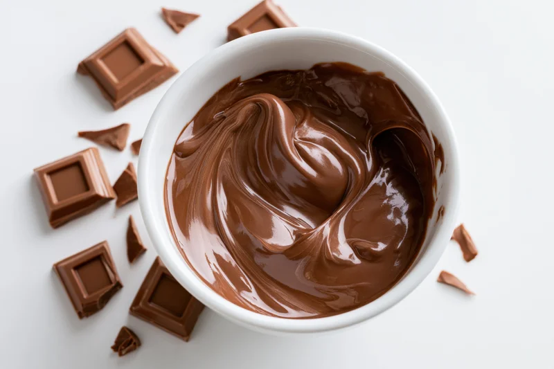 Swirled melted milk chocolate in a white ceramic bowl surrounded by broken chocolate squares