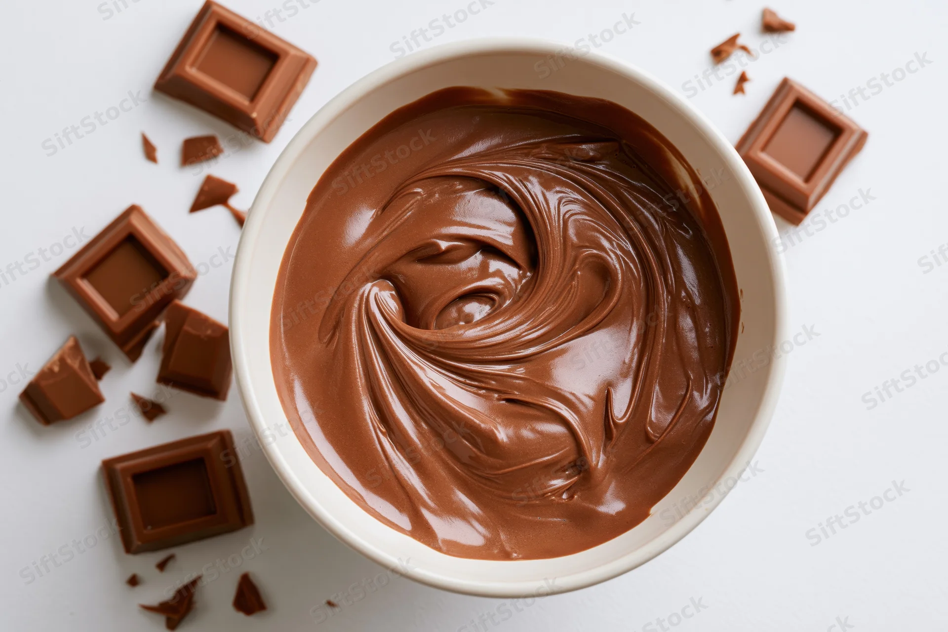 Swirled melted milk chocolate in a white ceramic bowl with scattered chocolate squares around it