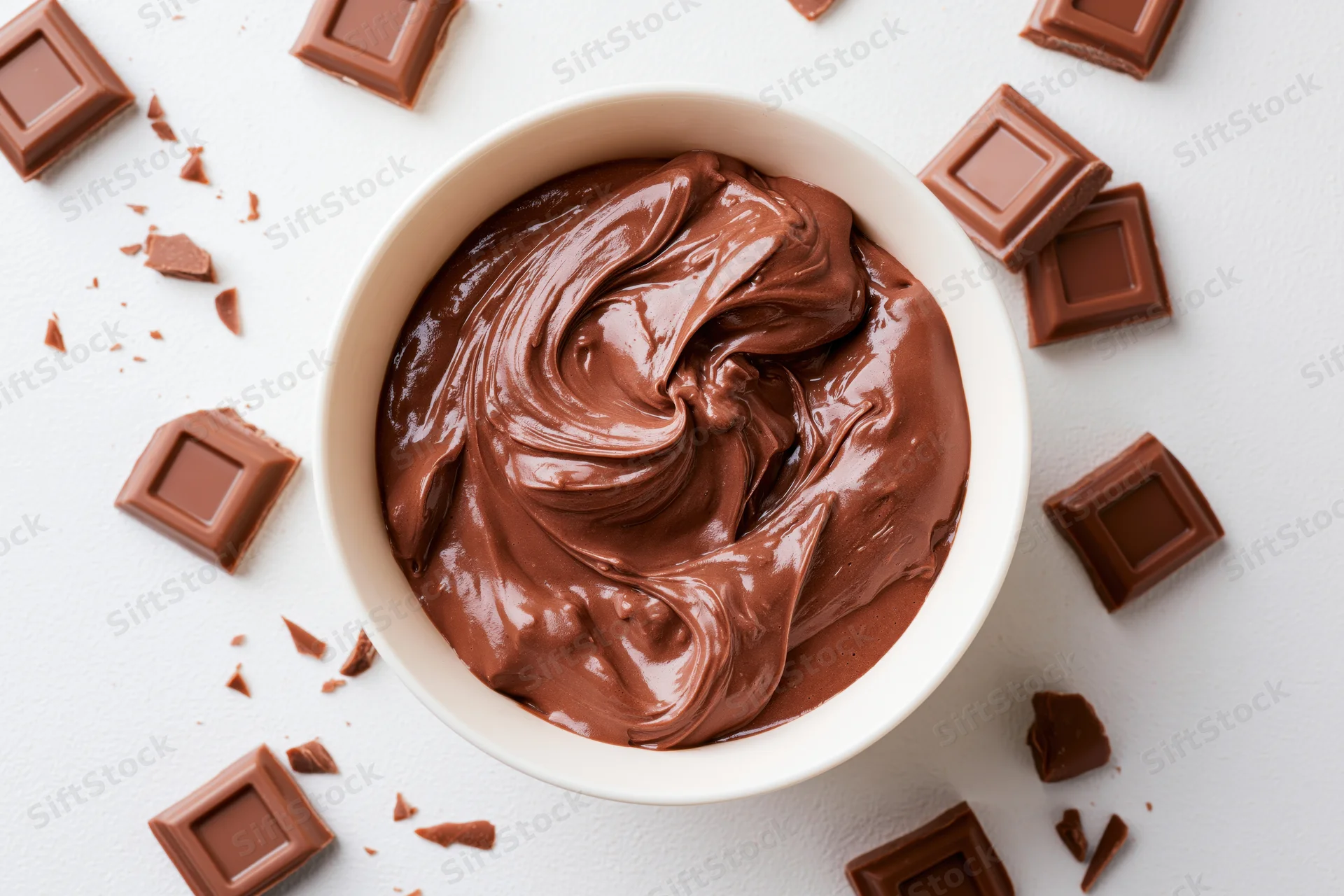 Swirled melted milk chocolate in a white ceramic bowl surrounded by chocolate pieces on a white surface