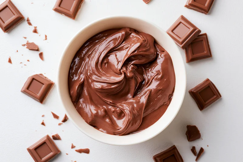 Swirled melted milk chocolate in a white ceramic bowl surrounded by chocolate pieces on a white surface