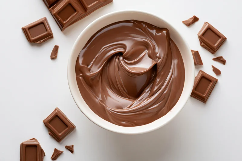Swirled melted milk chocolate in a white ceramic bowl surrounded by broken chocolate pieces on a white surface