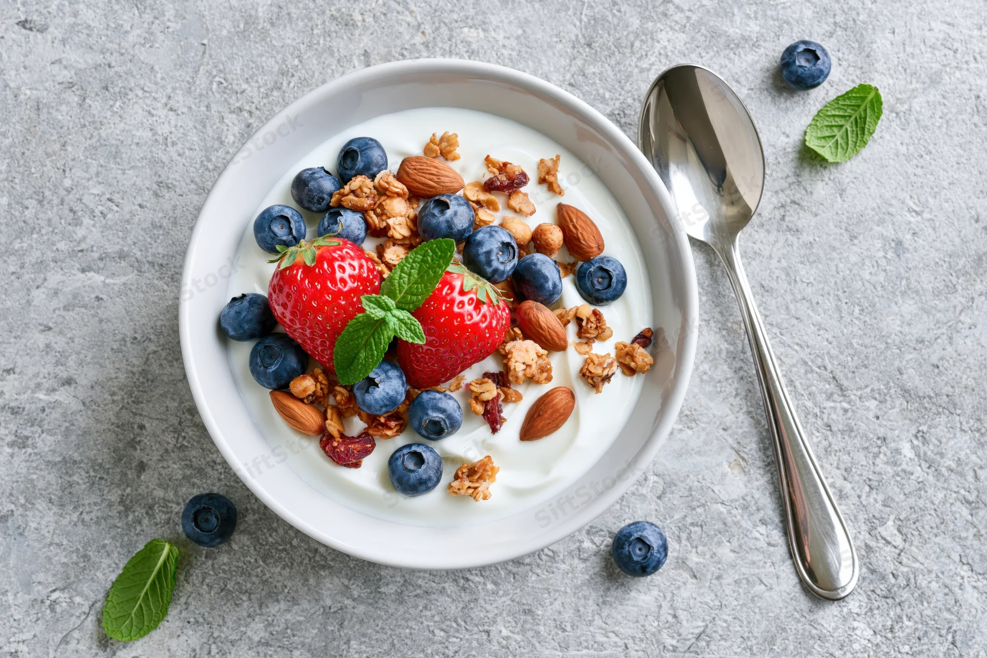 White ceramic bowl of yogurt topped with granola, berries, almonds and mint on gray surface with spoon beside it
