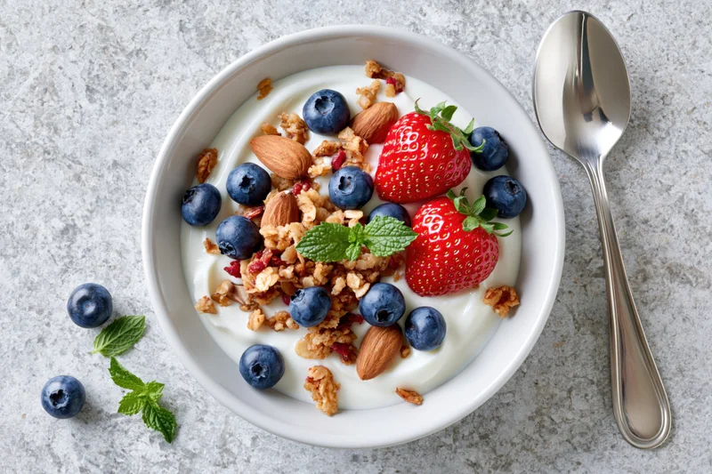 White ceramic bowl of yogurt topped with granola, blueberries, strawberries, almonds and mint, spoon beside on textured surface