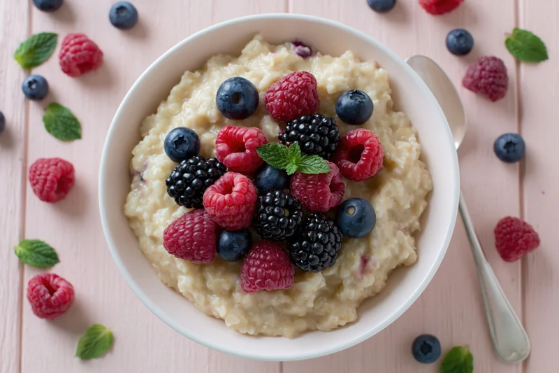 Creamy oatmeal porridge topped with fresh berries and mint in a white ceramic bowl on a pink wooden table