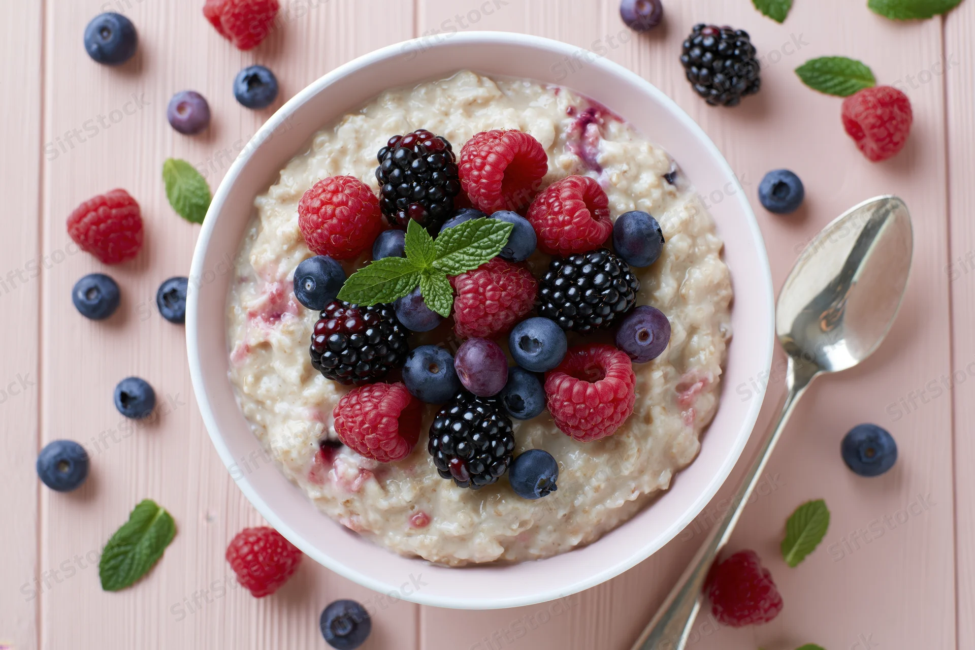Bowl of oatmeal porridge topped with mixed berries and mint on wooden surface with spoon beside