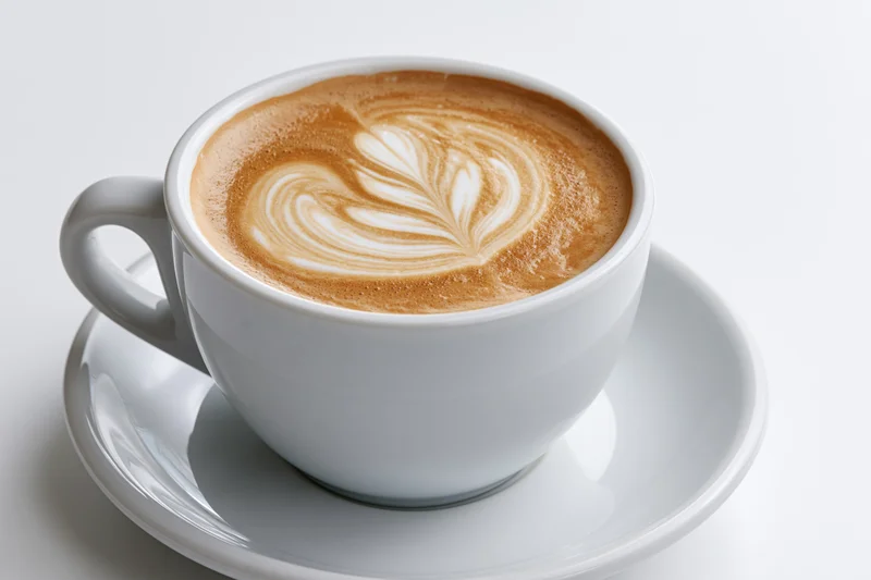 White ceramic cappuccino cup with latte art heart pattern on matching saucer against plain white background