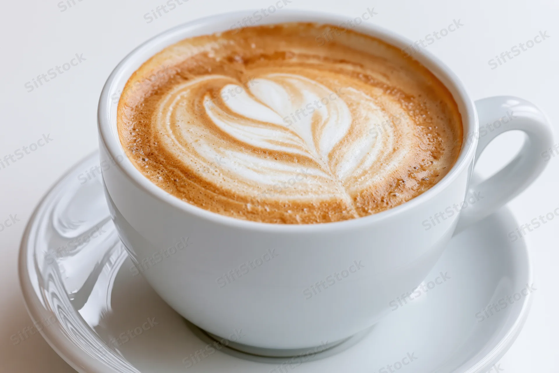 White ceramic cappuccino cup with heart-shaped latte art on matching saucer
