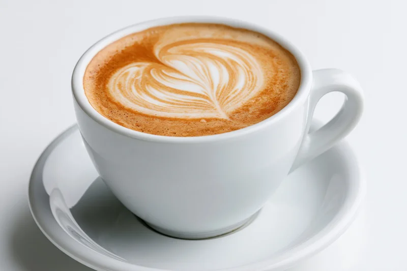 White ceramic cappuccino cup with heart-shaped latte art on matching saucer against plain white background