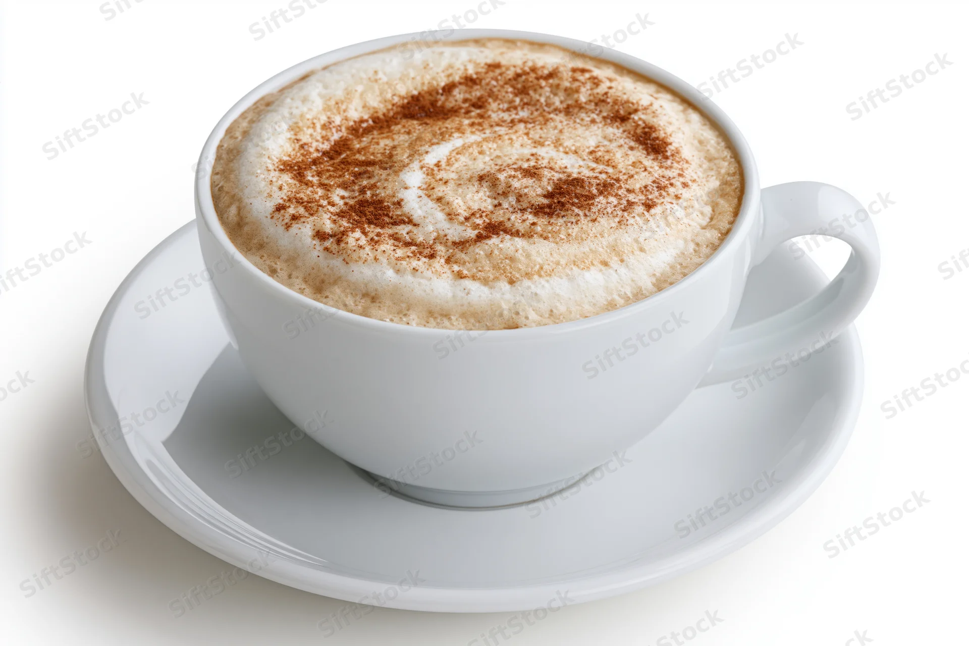 White ceramic cappuccino cup with cinnamon-dusted foam on matching saucer isolated on white