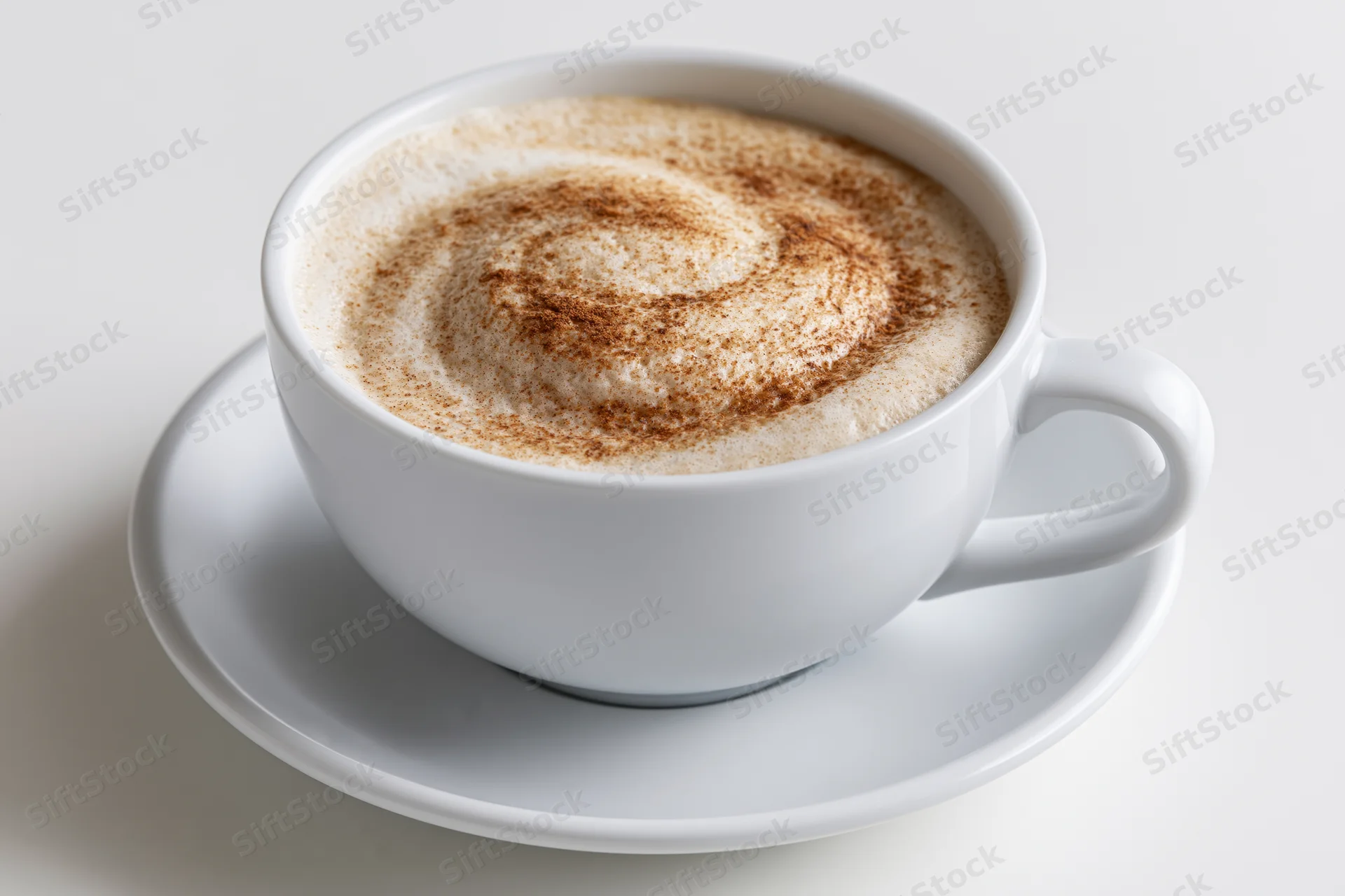 White ceramic cappuccino cup with cinnamon swirl foam on matching saucer