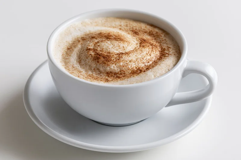 White ceramic cappuccino cup with cinnamon swirl foam on matching saucer