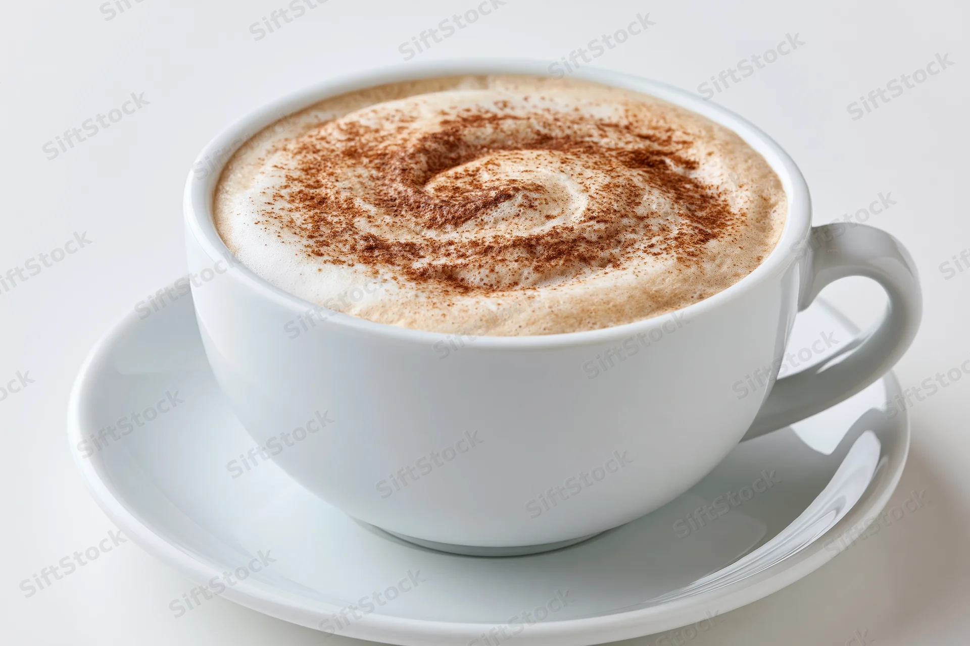 White ceramic cappuccino cup with cinnamon-swirled foam on matching saucer against plain white background