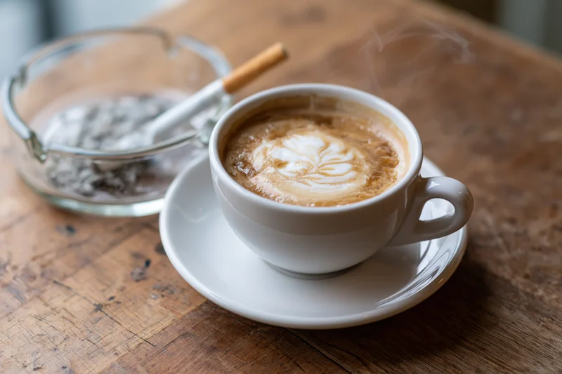 Steaming cappuccino with floral latte art in white ceramic cup on wooden table beside ashtray with cigarette