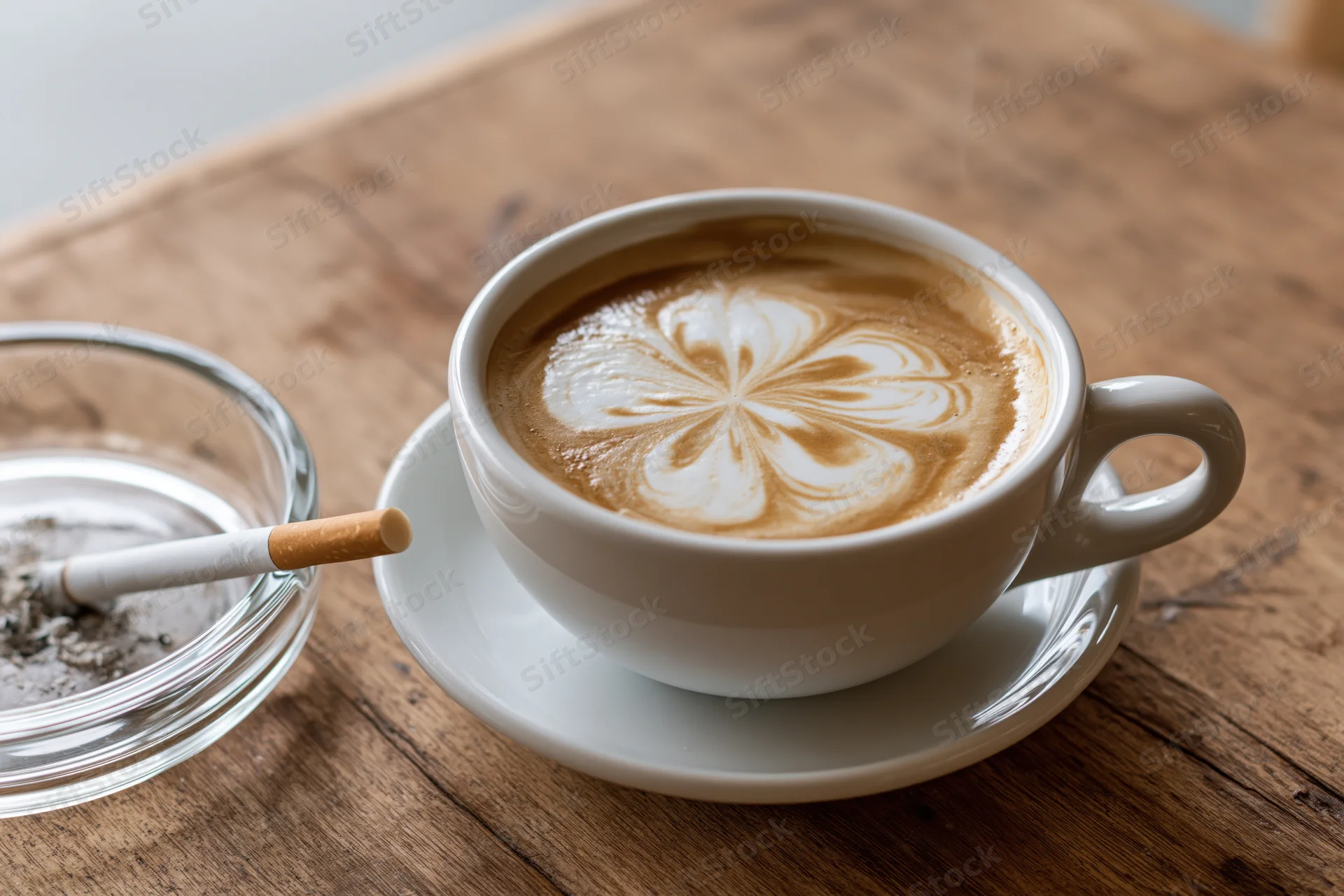 White ceramic cappuccino cup with floral latte art on wooden table beside ashtray with cigarette