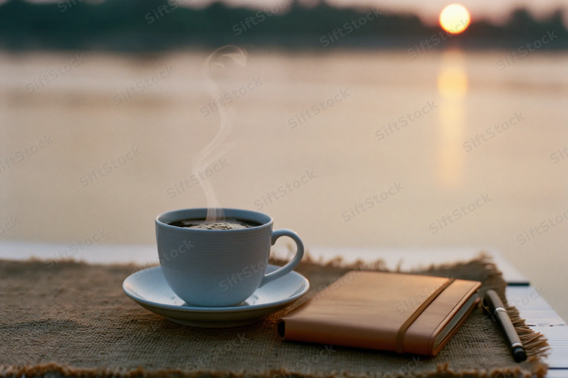 Steaming coffee cup and notebook on a table by a lake at sunset