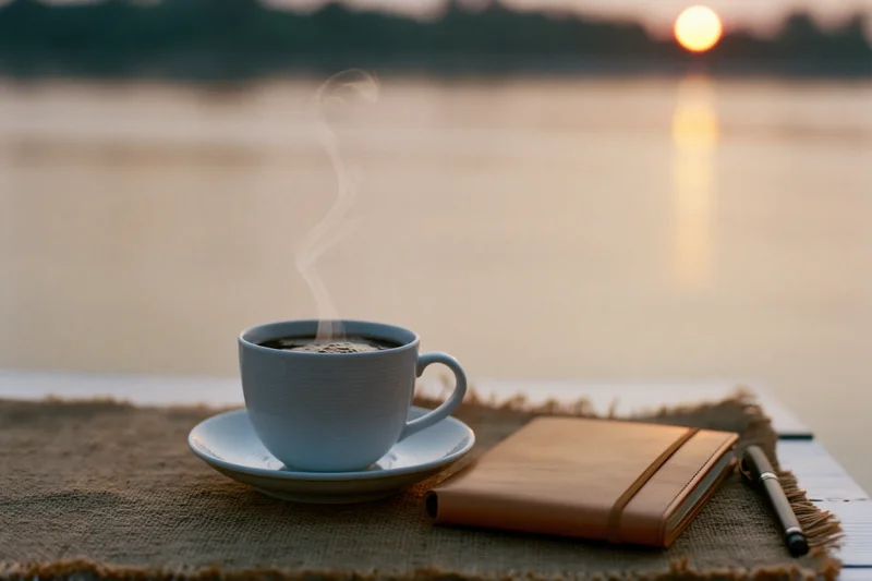 Steaming coffee cup and notebook on a table by a lake at sunset