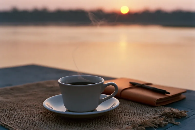 Steaming coffee cup on a saucer beside a leather journal and pen on a burlap mat by a lake at sunrise