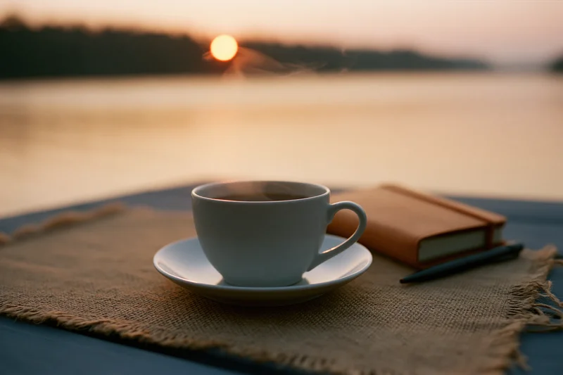 White ceramic coffee cup with steam on a saucer beside a notebook and pen on a burlap mat by a lake at sunset