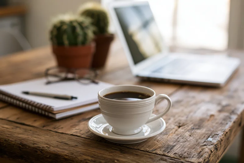 White ceramic coffee cup filled with black coffee on saucer on wooden desk with laptop, notebook, and cactus in background