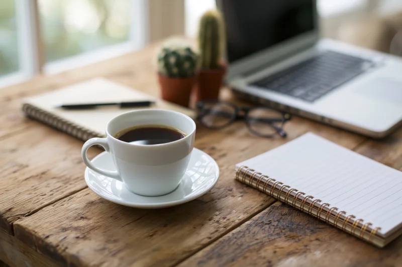 White ceramic coffee cup filled with black coffee on saucer on wooden desk with laptop, notebook, glasses, and cactus plants