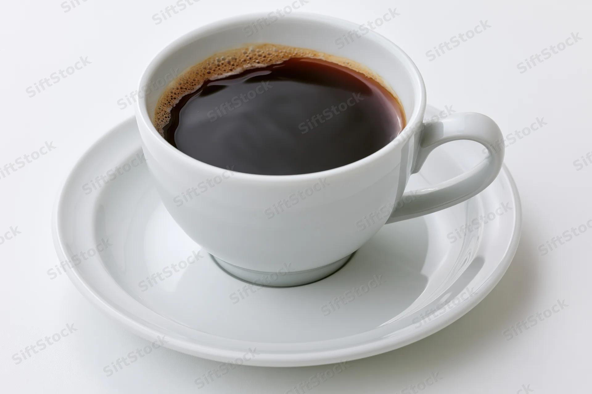 White ceramic coffee cup filled with black coffee on saucer against plain white background
