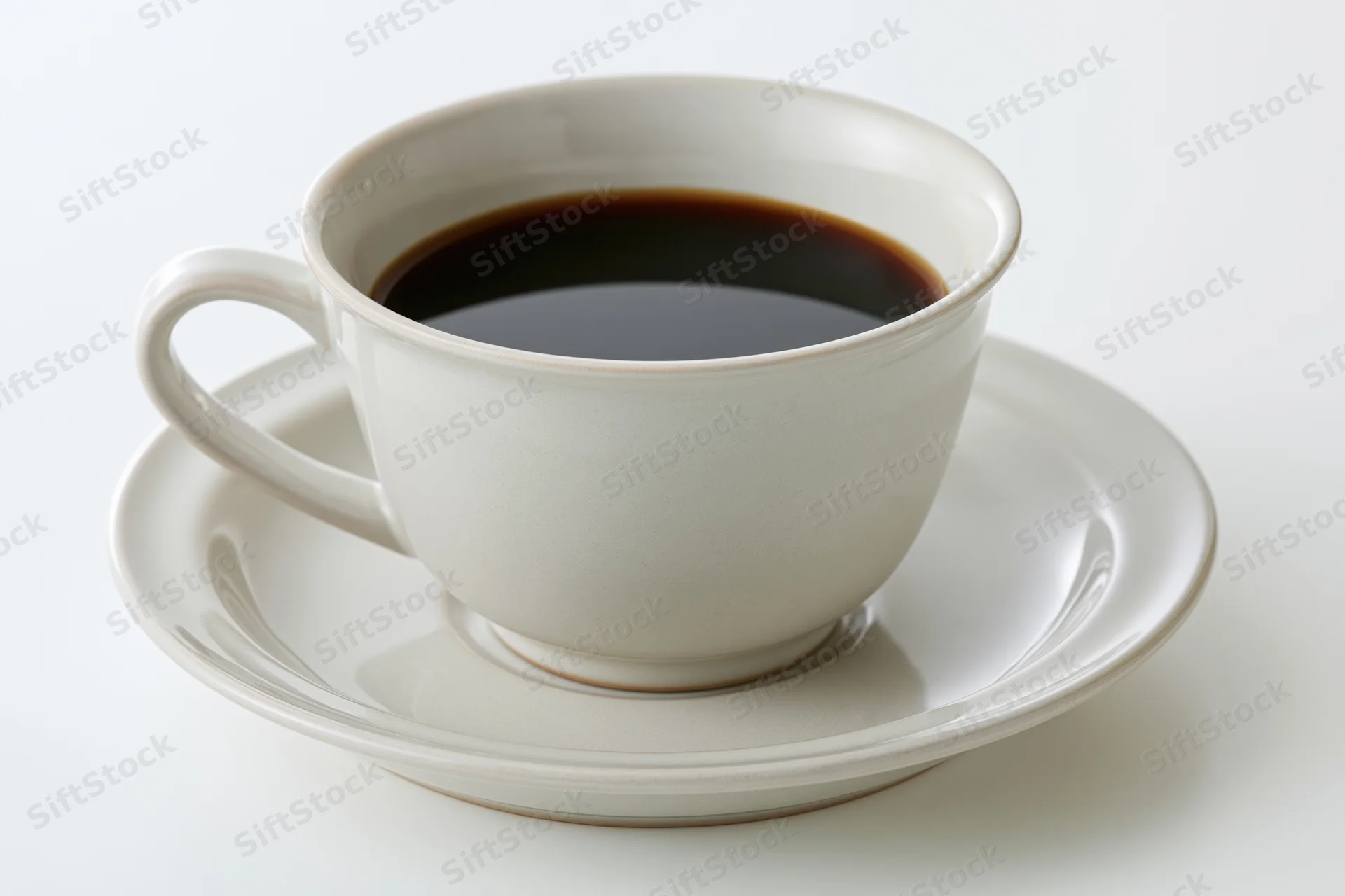 White ceramic coffee cup filled with black coffee on a matching saucer against a plain white background