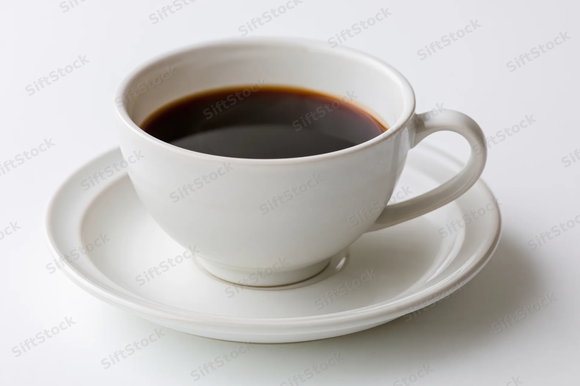 White ceramic coffee cup filled with black coffee on a matching saucer against a plain white background