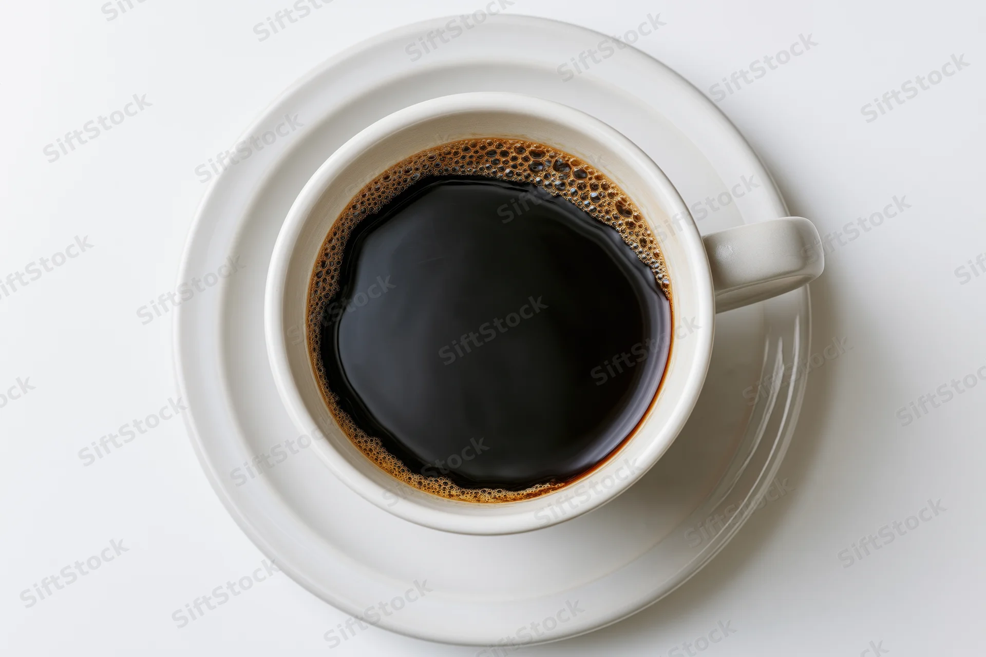 White ceramic coffee cup filled with black coffee and foam on a saucer viewed from above on a plain white surface