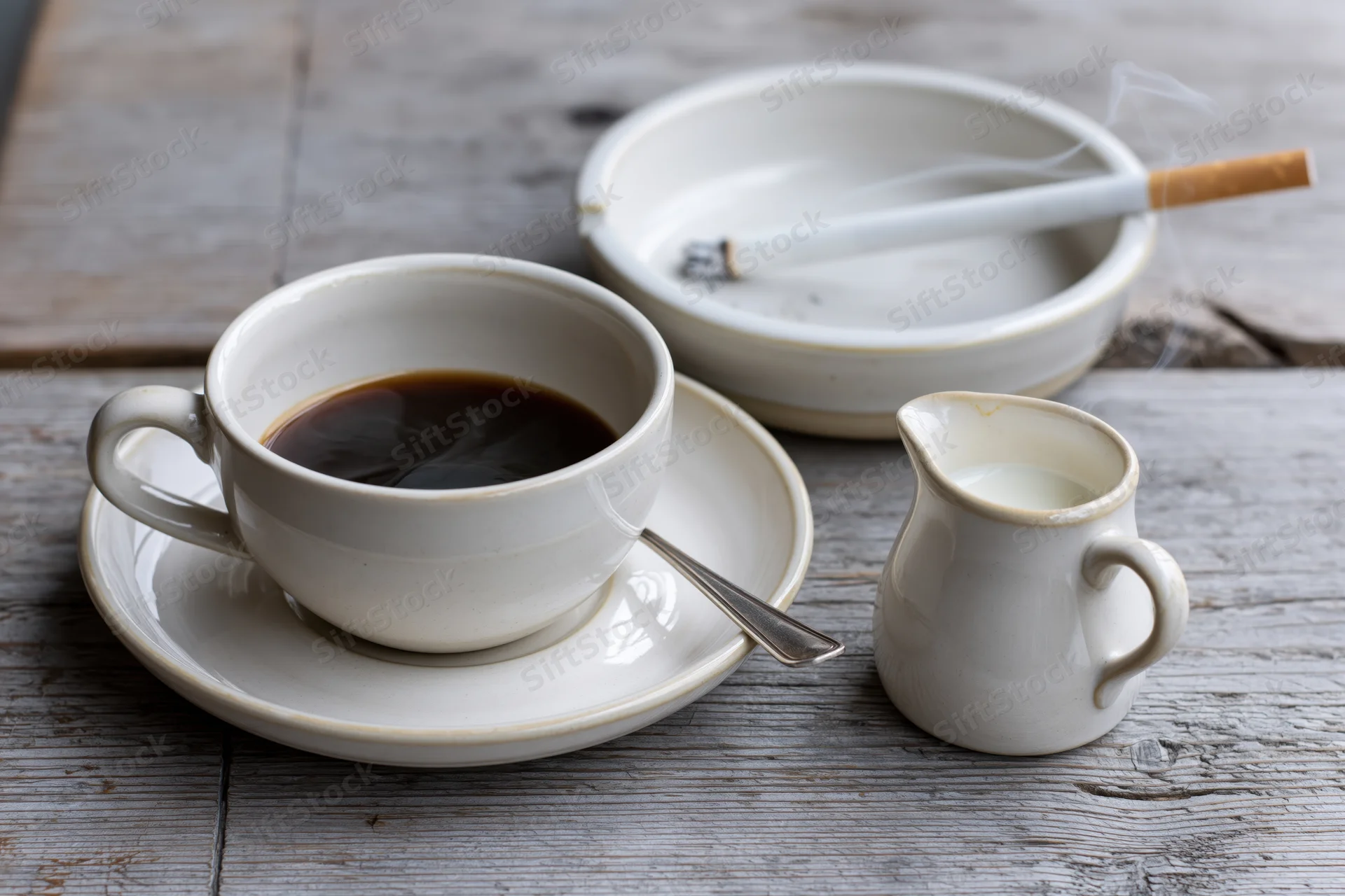 White ceramic coffee cup with espresso and spoon on saucer beside ashtray with cigarette and milk pitcher on wooden table