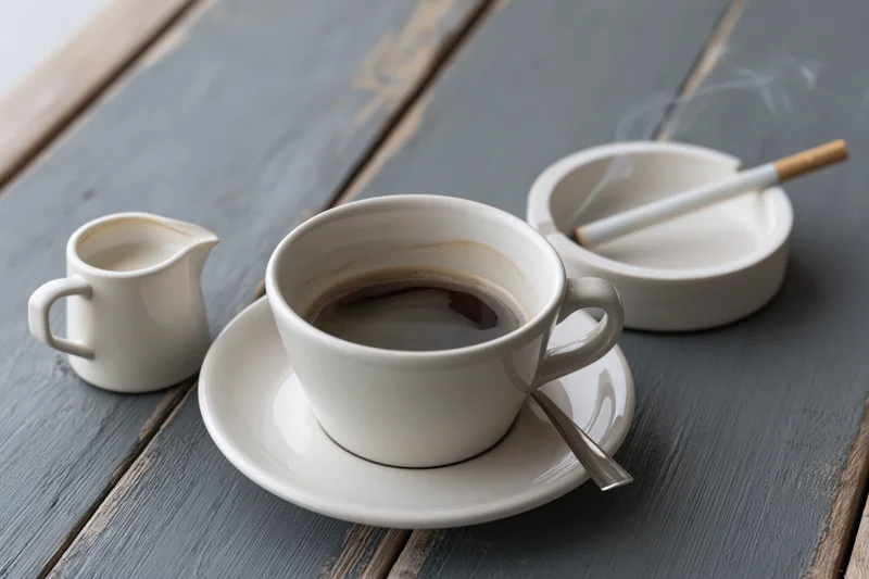 White ceramic coffee cup with espresso and spoon on saucer beside ashtray with cigarette and milk pitcher on gray wooden table