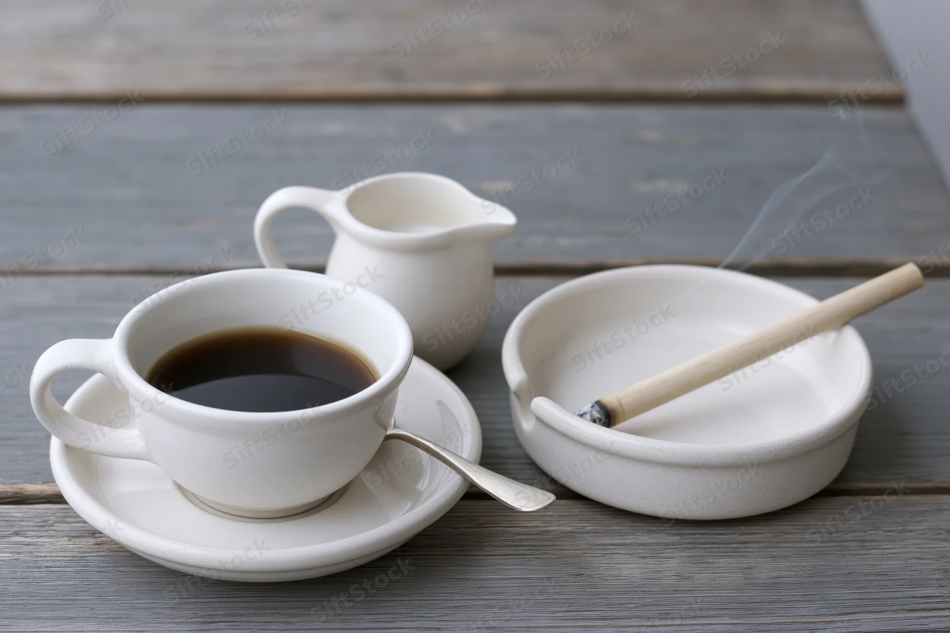 White ceramic coffee cup with espresso and spoon on saucer next to ashtray with smoking cigarette on wooden table