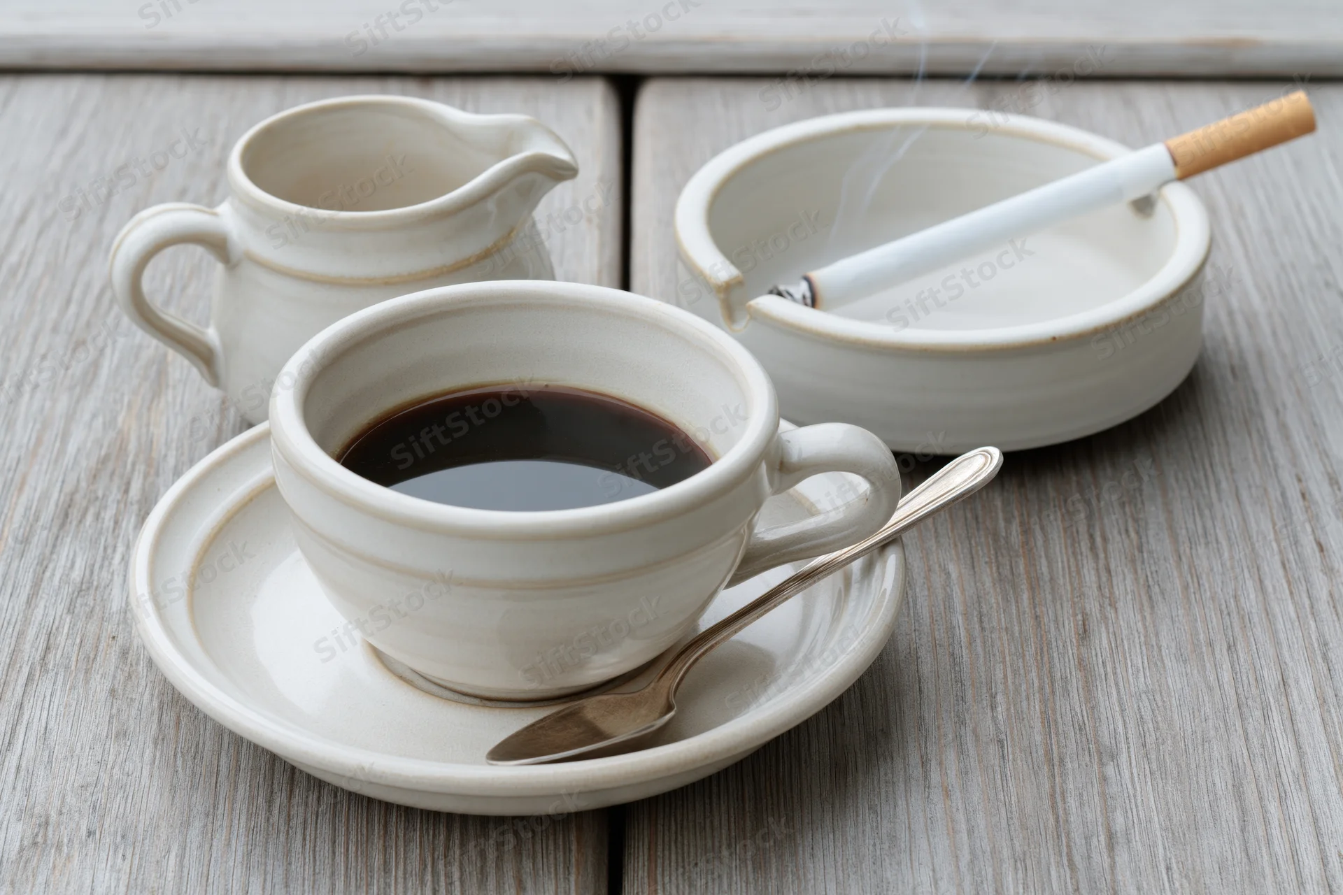 White ceramic coffee cup with espresso and spoon on saucer beside ashtray with smoking cigarette on wooden table
