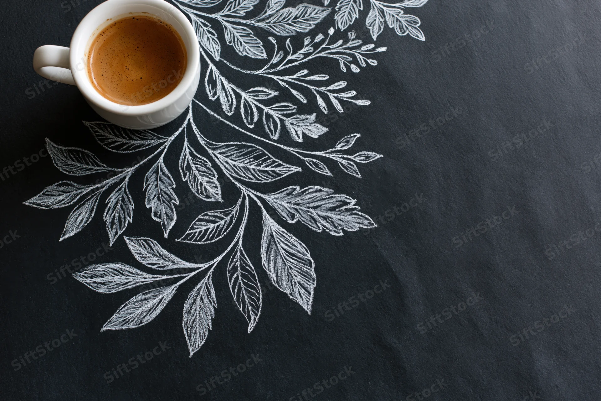 White ceramic coffee cup with espresso on black slate surface featuring white chalk botanical drawing