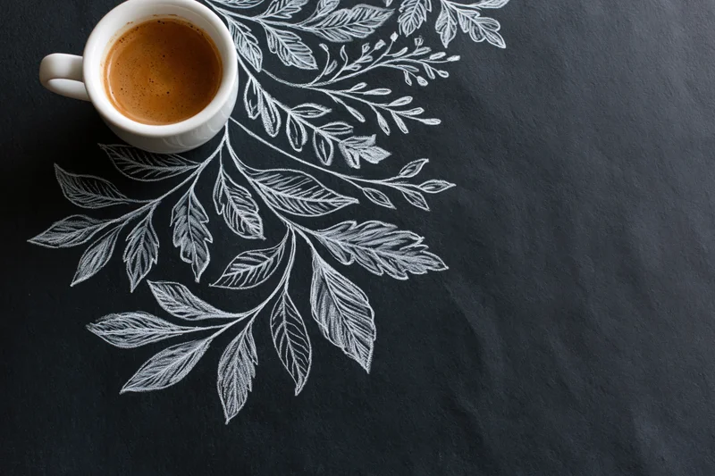 White ceramic coffee cup with espresso on black slate surface featuring white chalk botanical drawing