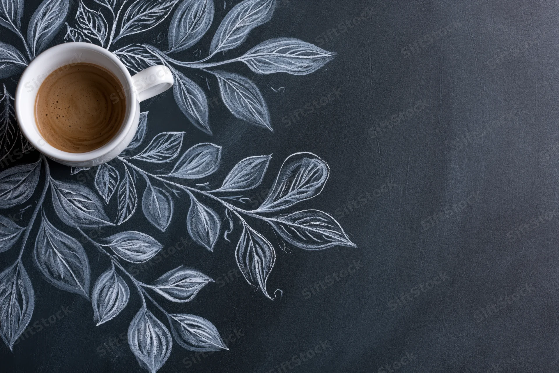 White ceramic coffee cup with espresso on a chalkboard surface featuring white chalk leaf drawings, overhead view with copyspace