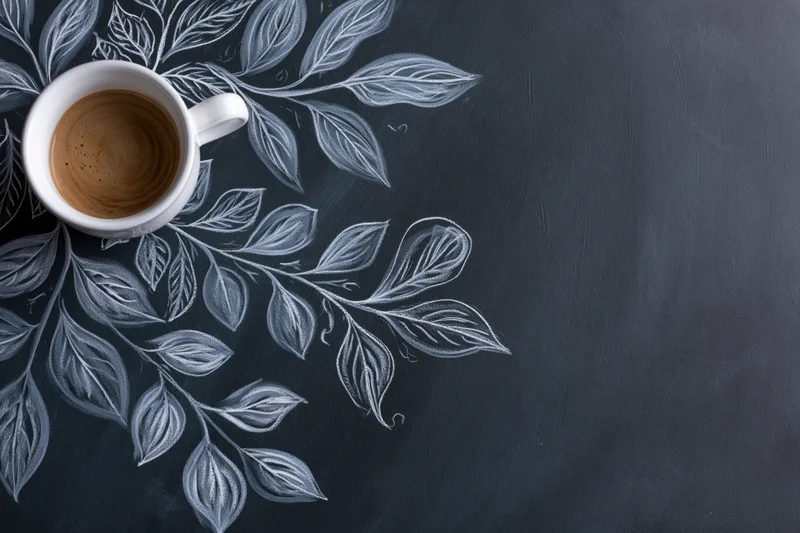 White ceramic coffee cup with espresso on a chalkboard surface featuring white chalk leaf drawings, overhead view with copyspace