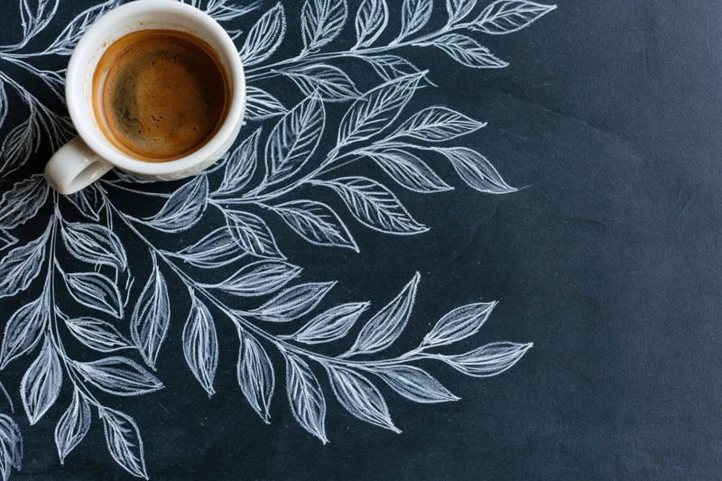 White ceramic coffee cup filled with espresso on dark surface with white chalk leaf pattern, overhead view