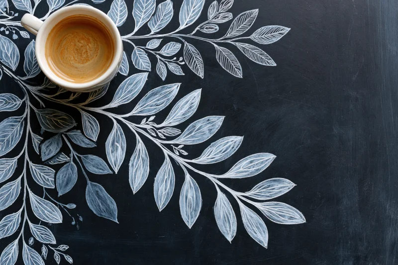 White ceramic coffee cup with espresso on a black chalkboard with white leaf drawings, top view