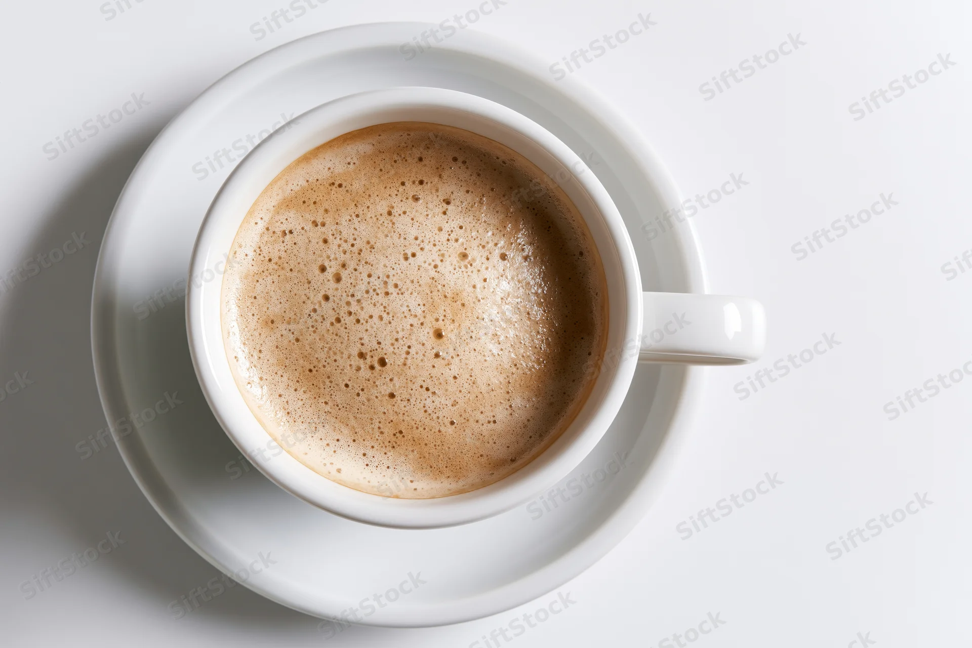 White ceramic coffee cup with frothy foam on matching saucer viewed from above on plain surface