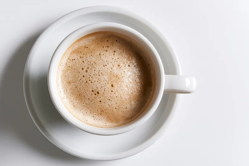 White ceramic coffee cup with frothy foam on matching saucer viewed from above on plain surface