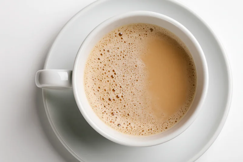 White ceramic coffee cup with frothy beverage on matching saucer, overhead view on plain surface