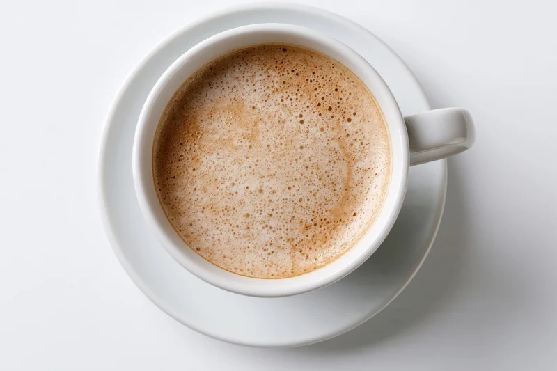 White ceramic coffee cup with frothy foam on matching saucer, overhead view on plain white surface