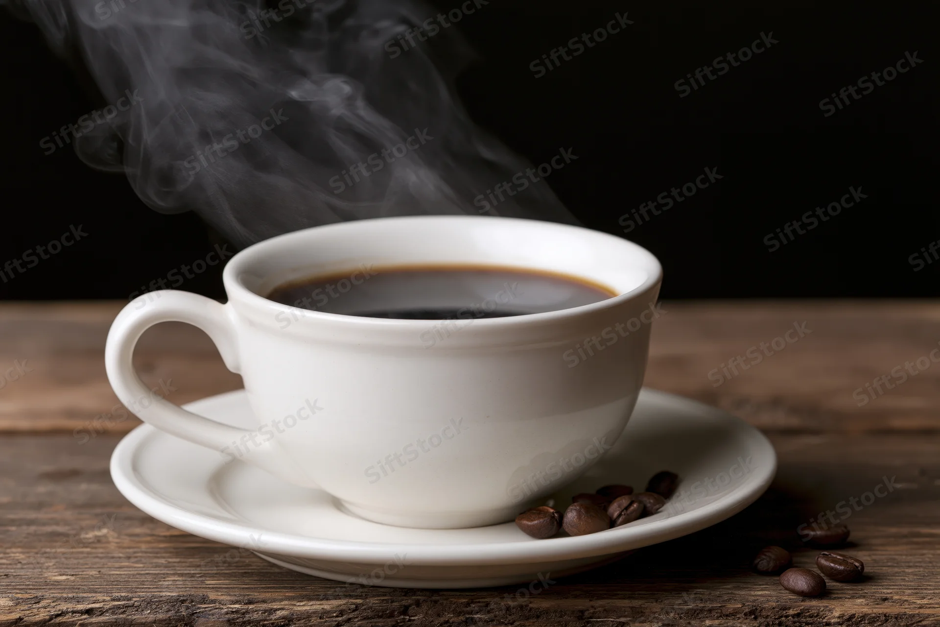 Steaming coffee cup on a white saucer with scattered beans on a wooden table