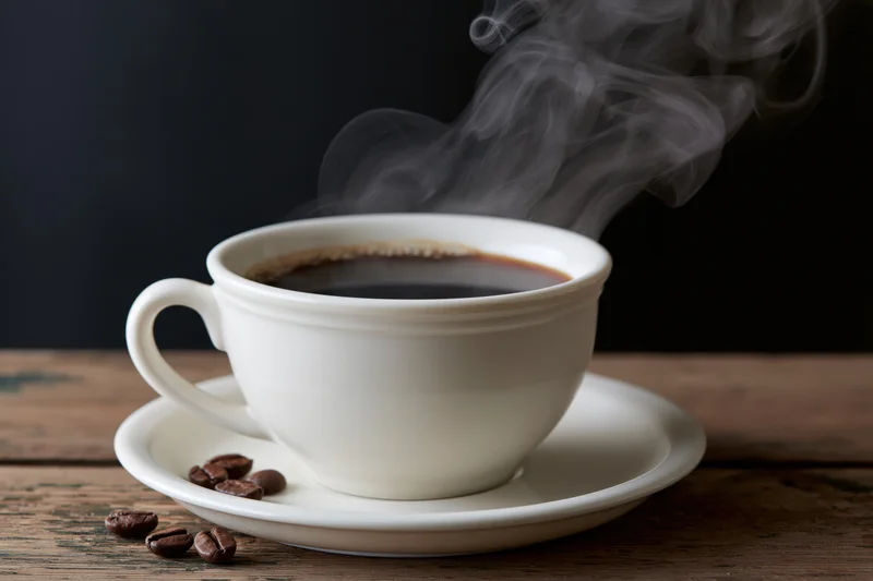 Steaming coffee in a white ceramic cup on a saucer with scattered beans on a wooden table
