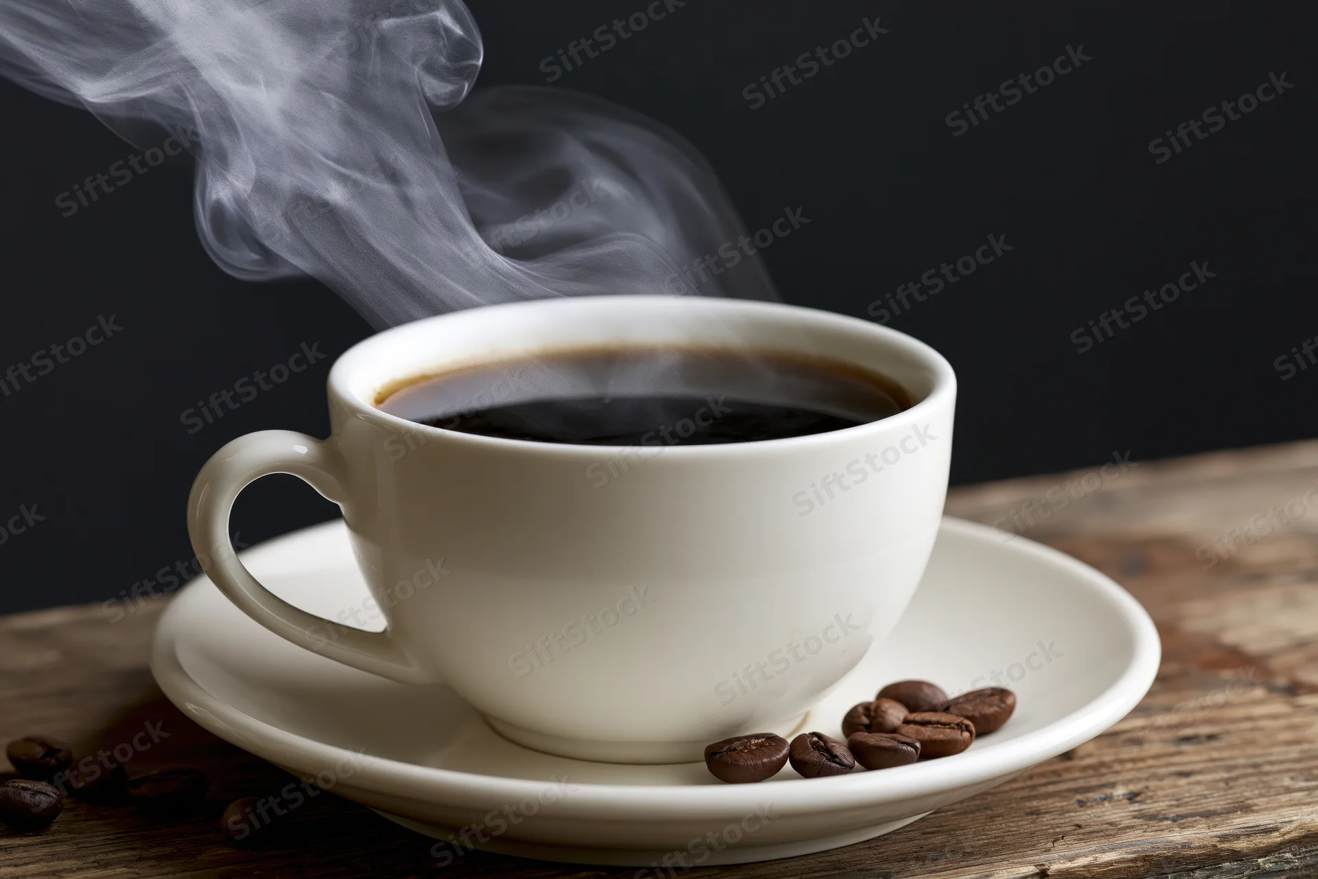 Steaming coffee cup on a saucer with scattered beans on a wooden table