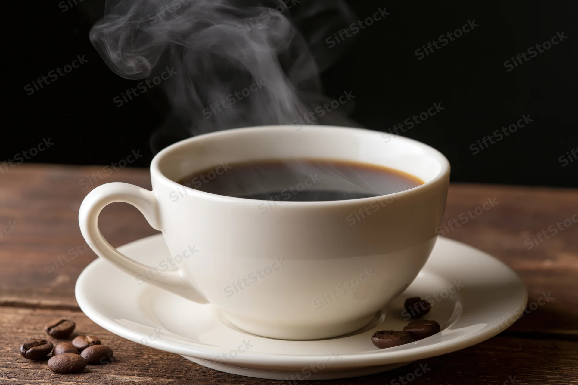 Steaming coffee in a white ceramic cup on a saucer with scattered beans on a wooden table